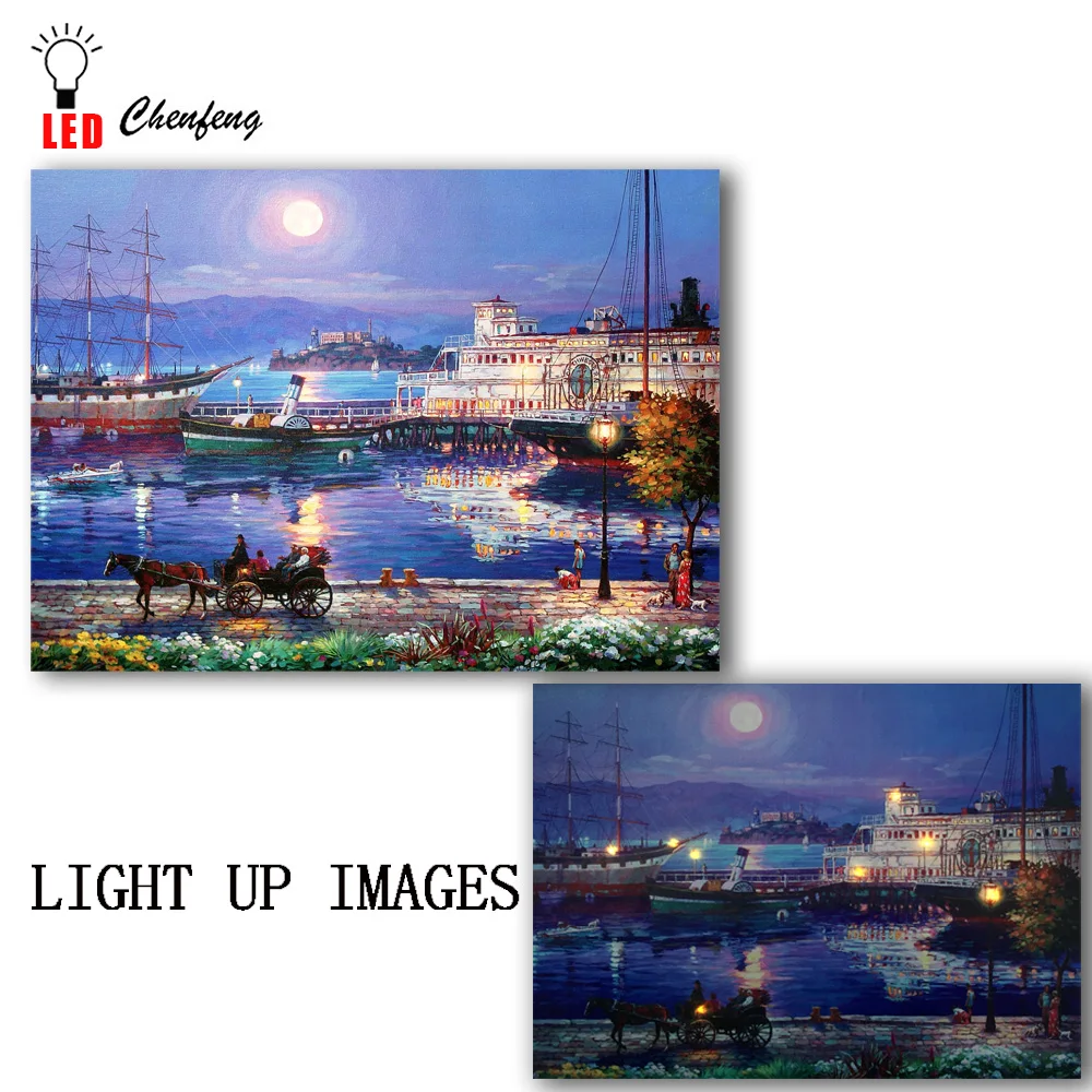 

Lighted led canvas print boat at seaside with full moon oil painting wall picture canvas wall art poster and print home decor