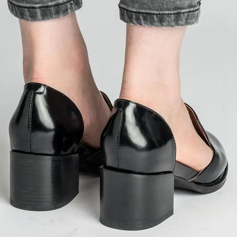 MoneRffi/Новинка года; весенняя женская обувь; лоферы из лакированной кожи; элегантная обувь на среднем каблуке без застежки; женская обувь с острым носком на толстом каблуке