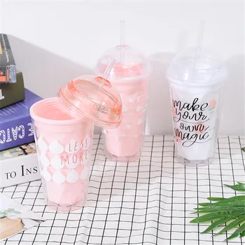 

Creative Lovely Coffee Mugs BPA Free Plastic Water Bottle Pink White With Straw Travel Portable Tea Milk Cup Drinkware 420ML