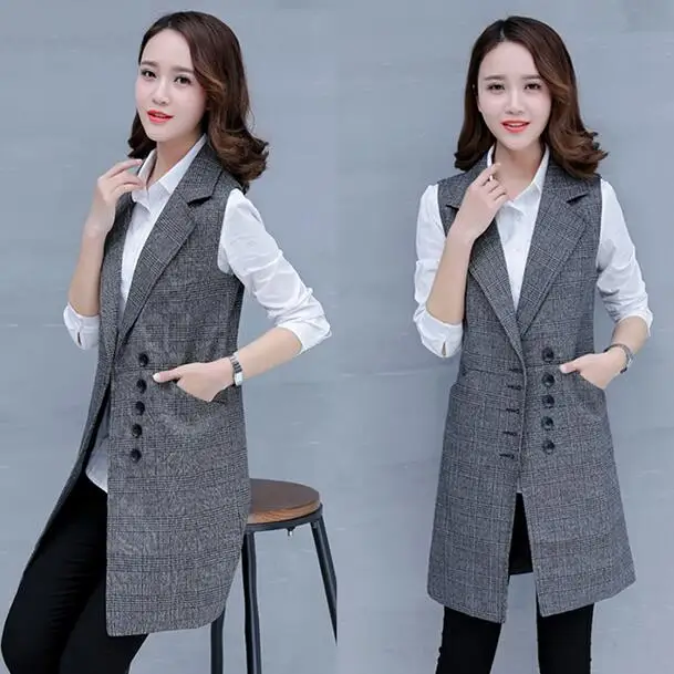 Women's Spring Autumn Sleeveless Blazer lattice Vest Long Vest Female