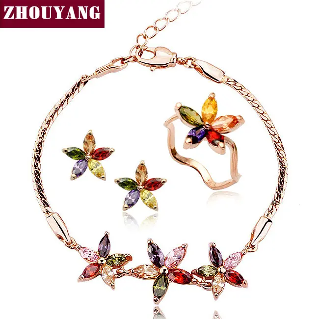 

ZYS020 Flower set Rose Gold Color Jewelry Ring Earring Bracelet Set Rhinestone Made with Austrian SWA Element Crystal Health