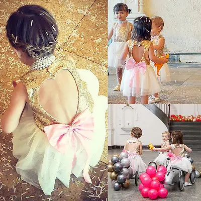 

Sequins Princess Kids Baby Flower Girl Dress Bowknot Backless Party Gown Dresses
