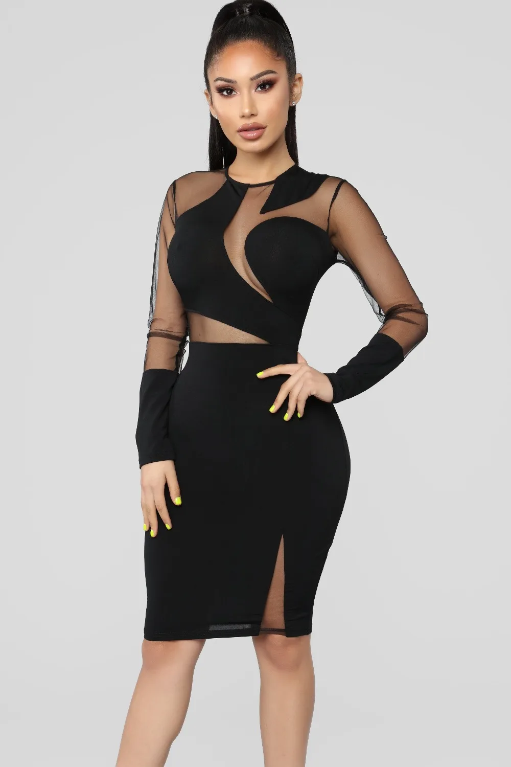 Top Quality Black Long Mesh Sleeve Hollow Out Bodycon Rayon Bandage Dress Club Party Sexy Dress (1)