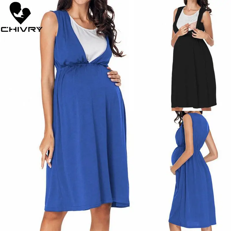

2019 Maternity Dress Breastfeeding Clothes Summer Sleeveless O-neck Pregnant Dress Women Nursing Tops Pregnancy Dresses Vestidos