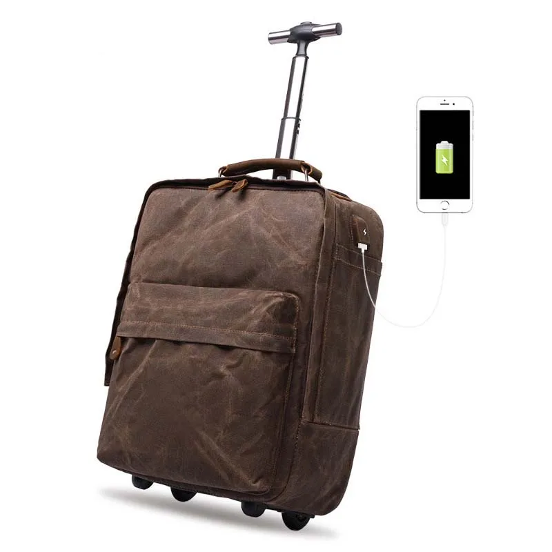 

LeTrend 16 inch Retro USB Rolling Luggage Men Business Suitcase Wheels Canvas Cabin Trolley Multifunctional shoulder Travel Bag
