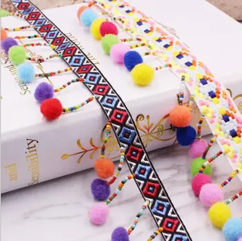 

10Yards Bohemian Ethnic Embroidery Lace Ribbons Ball Tassel Lace Fringe Trims Pompom Beads Pendant Collars Curtain Accessories