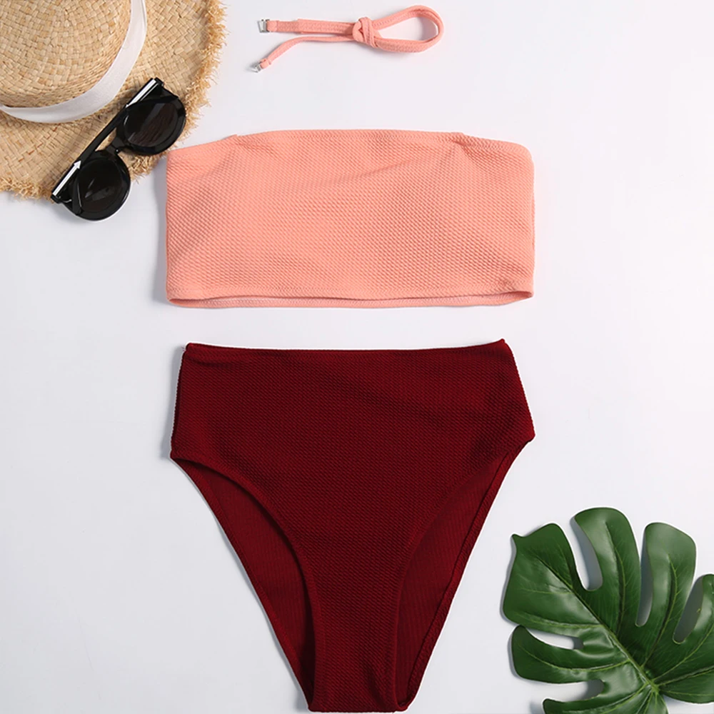 

Textured Bandeau Bikini Set Detachable Halter Strap Swimsuit High Waist Swimming For Women High Cut Solid Brazilian Swimwear XL