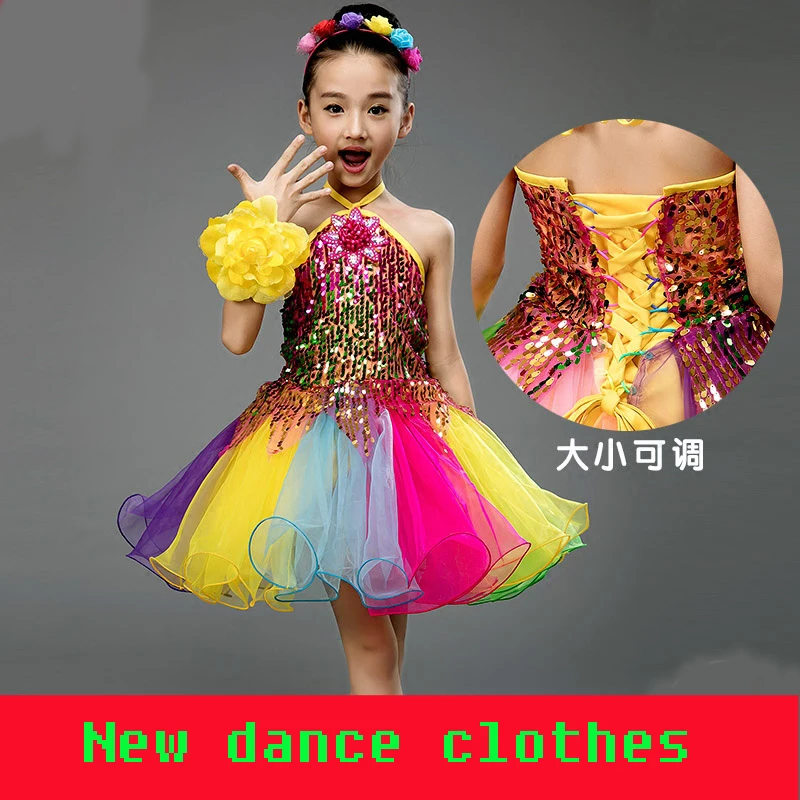 The new performance costumes children colorful dance sequins dress skirt performance princess skirt TB7068