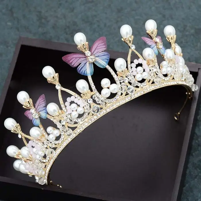 Винтаж барокко большая бабочка жемчуг невесты корона диадемы золото горный хрусталь Noiva диадема свадебные женские аксессуары для волос