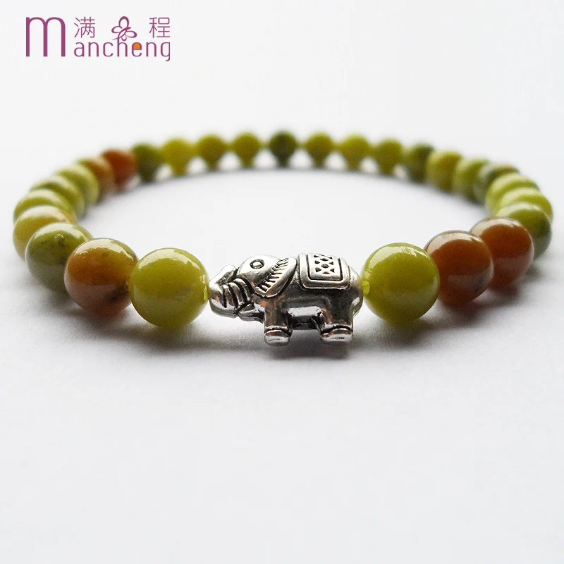 Free shipping Girl 6MM Natural Green Jade stone Elephant Bracelet Alloy silver plated elephant beads bracelets women | Украшения и