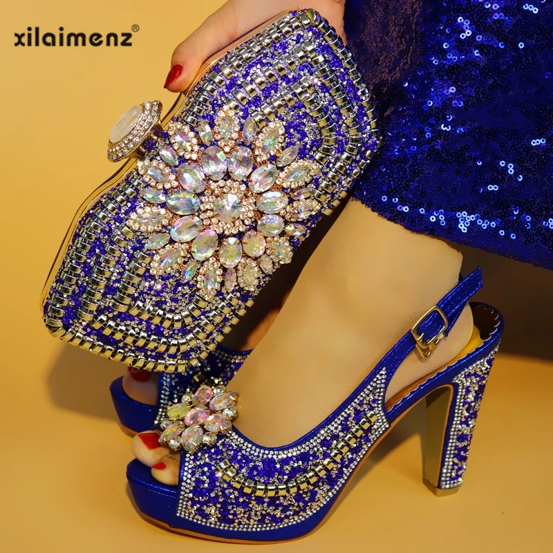 

Blue Color African Ladies with Matching Bag High Heels Italian Shoe and Bag Set for Party And Wedding Nigerian Shoes and Bag
