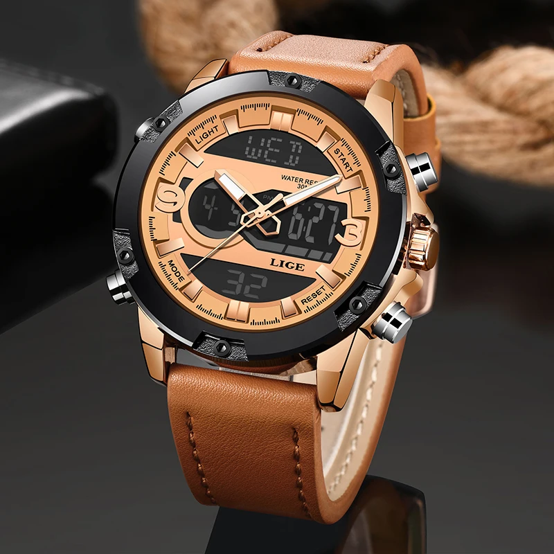 

LIGE fashion casual style sports watch men's watch leather outdoor analog digital LED electronic quartz watch waterproof watch