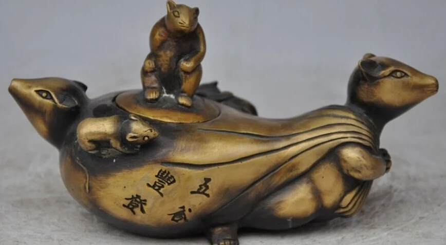 

8"mark chinese fengshui bronze animal mice rat wealth statue Wine Tea Pot Flagon
