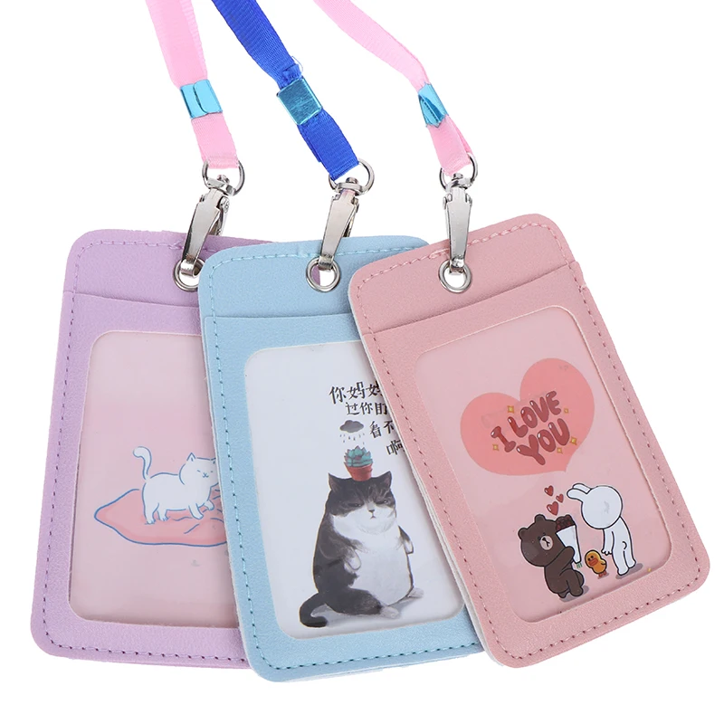 Cards Cover Pu Leather ID Credit Bank Card Holder Students Bus Card Case Lanyard Male Visit Door Identity Badge