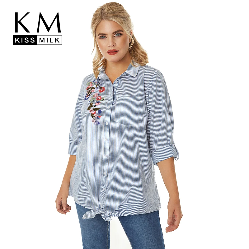 Kissmilk/женская одежда размера плюс, рубашка в синюю полоску с цветочной вышивкой, свободная Солнцезащитная блуза с длинным рукавом