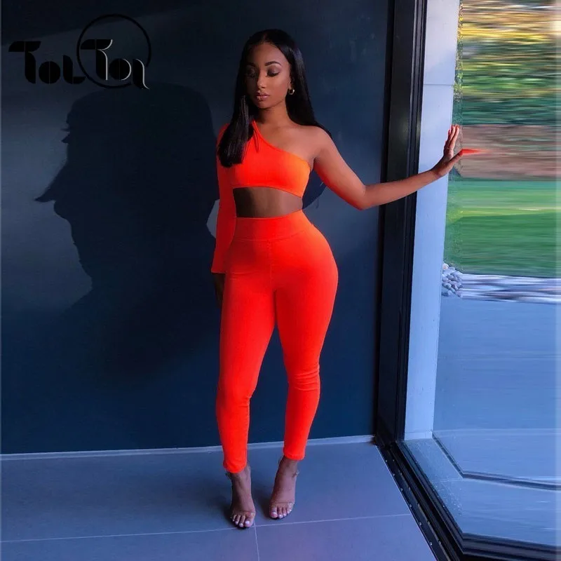 

Two Piece Set Top And Pants 2019 One Shoulder Orange Color 2 Piece Set Tracksuit Women Two Piece Outfits Sexy Tweed Set