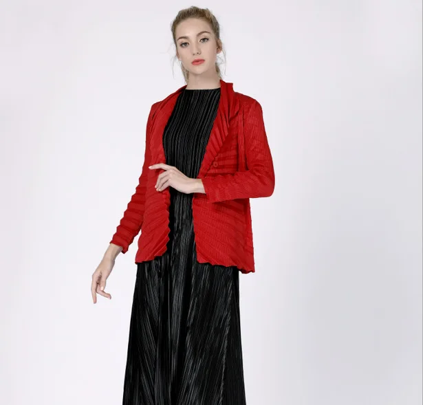 light Nouvelle Unique Manches Black khaki Mode Taille Bas 2019 Tournent Vers Gray Couleur dark Poitrine Stretch Solide Femmes Vestes La red À Plus Le Blue Plissé Longues Veste Miyake xwBXTH4q
