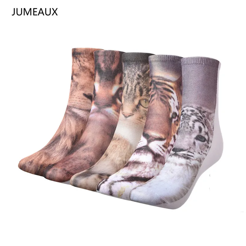 Image Funny 5 Pair Lot 3D Printed Lion Tiger Cat Socks Women Men Unisex Cute In Tube Socks Multiple Colors Cotton Casual Animal Sock