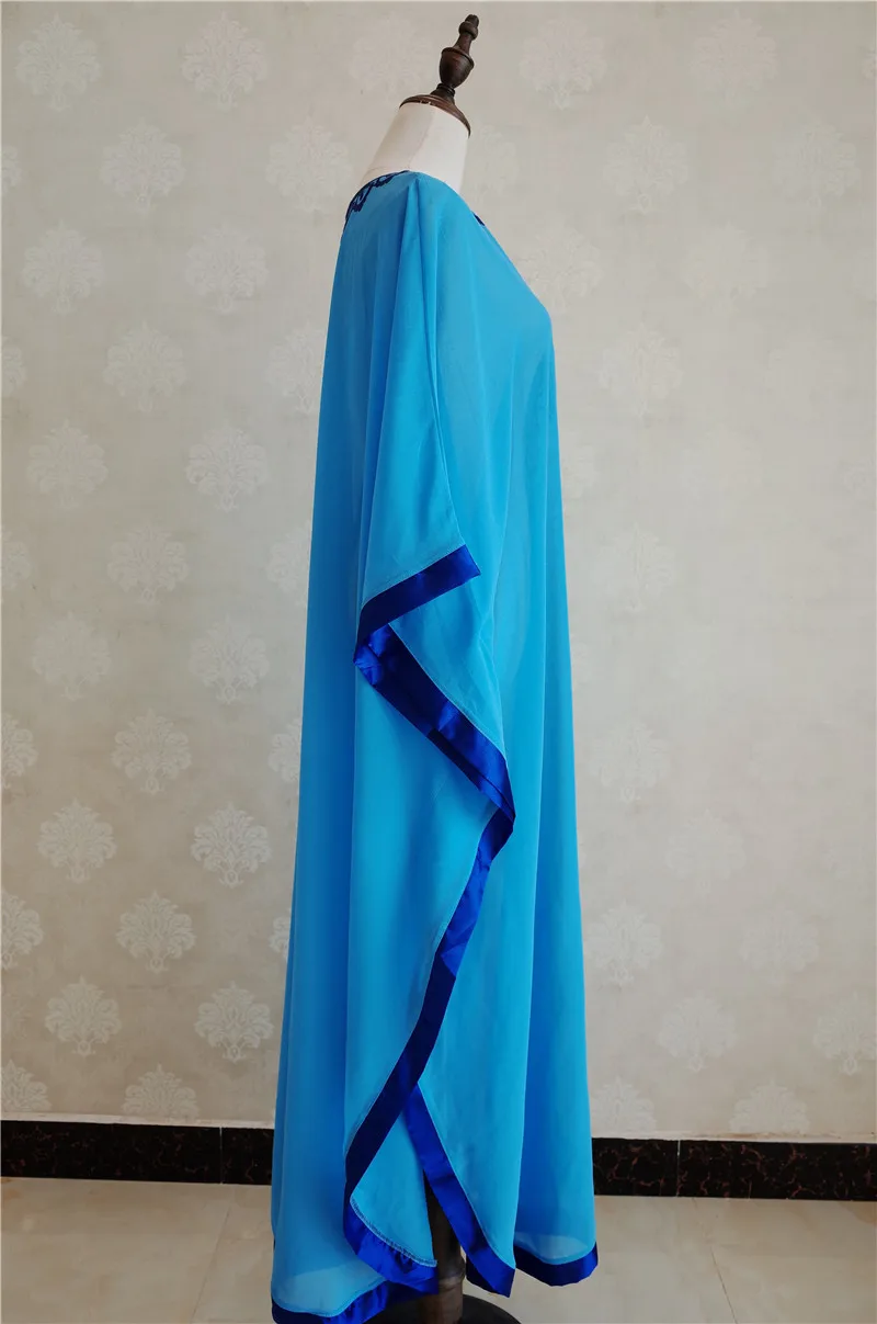 Голубое богемное вышитое летнее пляжное платье с рукавом летучая мышь с Боковым Разрезом, Шифоновая туника для женщин, плюс размер, пляжная одежда, кафтан Q746