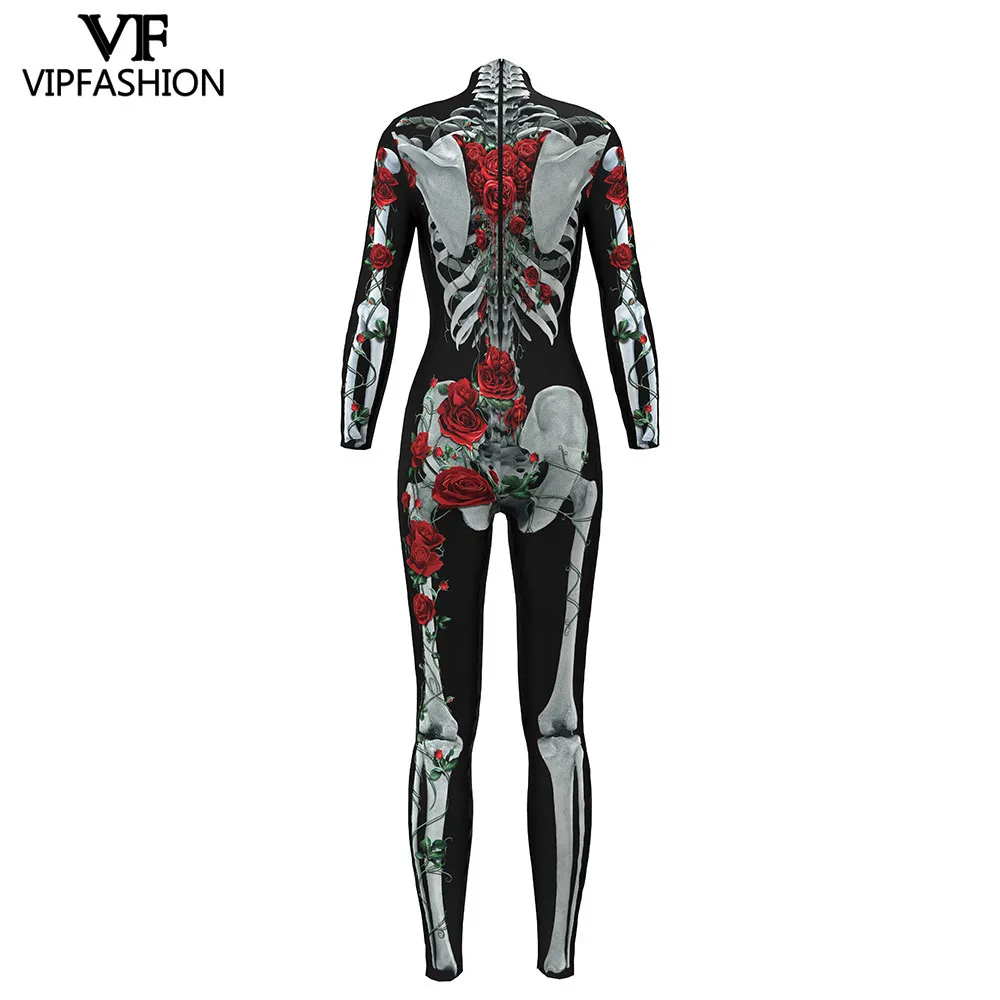 VIP FASHION Skeleton Rose Print Long-Sleeved Clothes Halloween Costumes For Women Purim Carnival Catsuit Bodysuit
