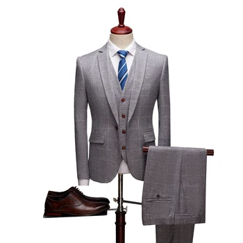 

( Jacket + Vest + Pants ) 2019 New Men's Fashion Boutique Plaid Wedding Dress Suit Male Formal Business Casual Suits 3pcs