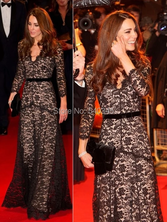 Kate Middleton сексуальные черные кружевные вечерние платья с длинным рукавом и v-образным вырезом в Пол Вечерние платья знаменитостей платья для выпускного вечера K16