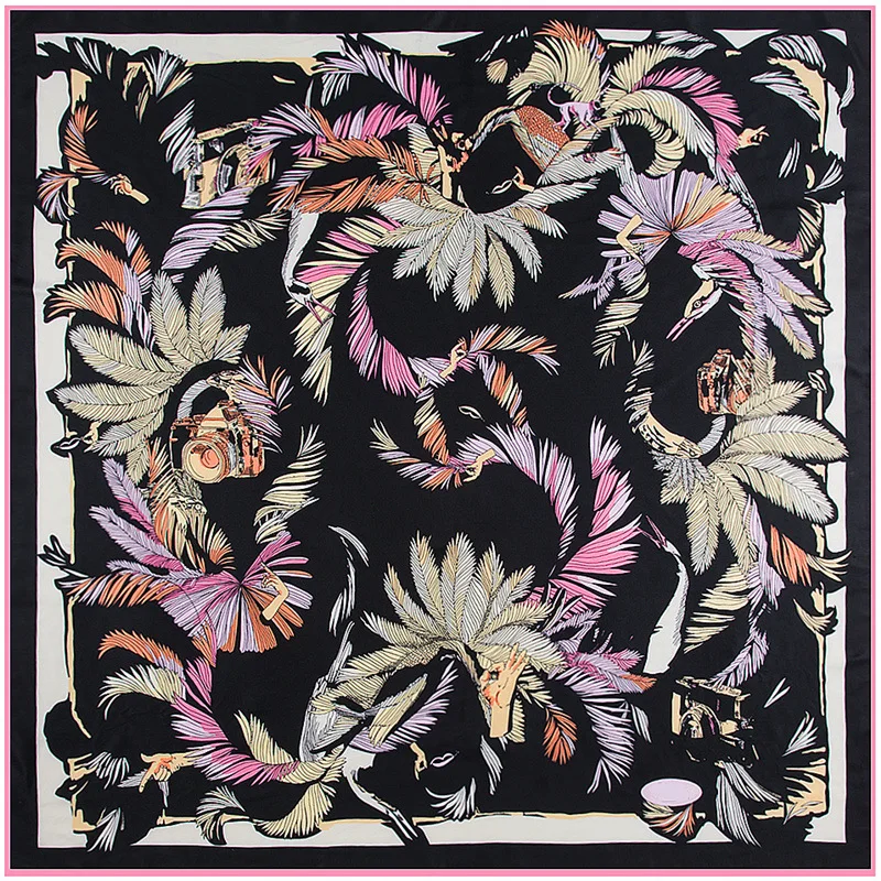 

100% Silk Scarf Women Indian Colors Bird Feather Print Neckerchief Square Scarves Shawls Spanish Foulard Silk Hijab Lady Bandana