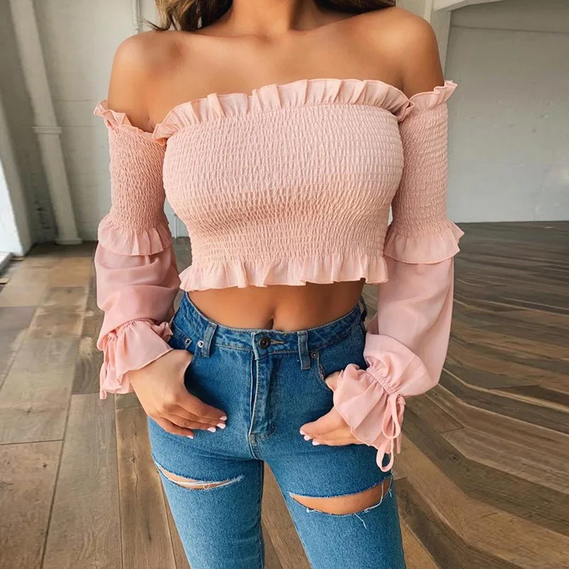 

Off Shoulder Crop Tops Women Fashion Elegant Ladies Ruffle Tops Full Sleeve Sexy Tops Streetwear Blusas