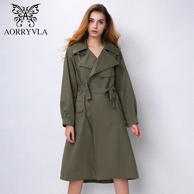 

AORRYVLA 2017 New Autumn Fashion Women's Casual Long trench coat Army Green Cotton Canvas Turn-Down Pockets Loose Coat AO3703