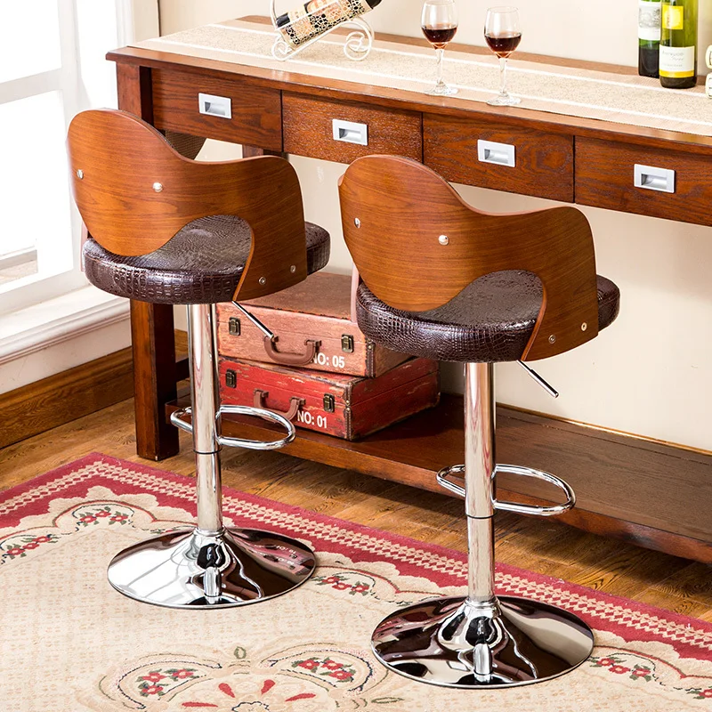 Multi-function Lifted Bar Chair Wooden Backrest Rotated Retro Commercial High Stool with Footrest Household Stable Bar Stool