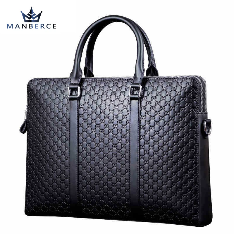 

MANBERCE Luxury business Bags handbag men in Men's Briefcases Genuine Leather Bag 14 Inch Laptop Black Men Work Bag Tote