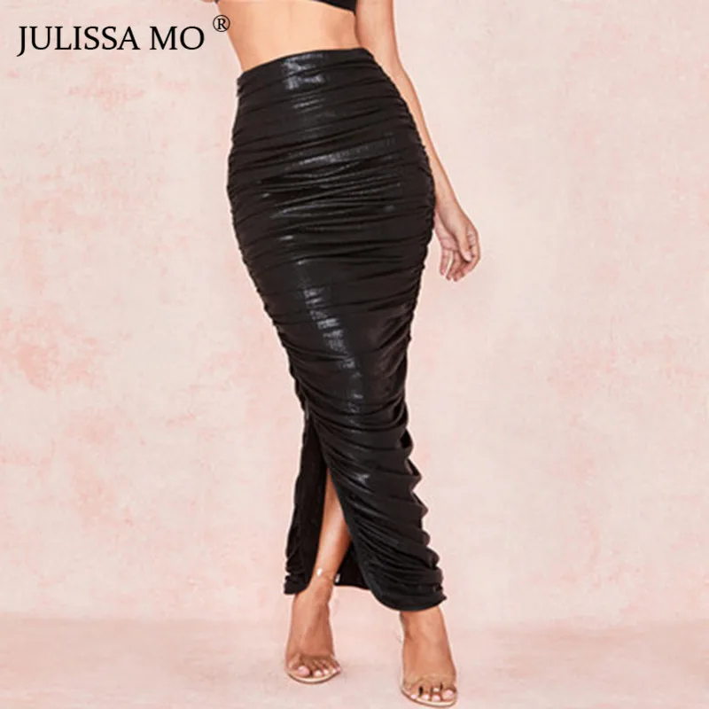 

JULISSA MO Sexy Side Split Bodycon Skirt Women New High Waist Pleated Long Skirts 2019 Sring Casual Black Zipper Skirt Bottons