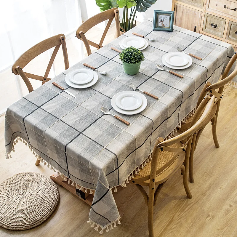 

Imitation Cotton Linen Tablecloth Nordic Gray Stripe Waterproof Christmas Table cloth Tassel Lace Rectangular Dining Table Cove