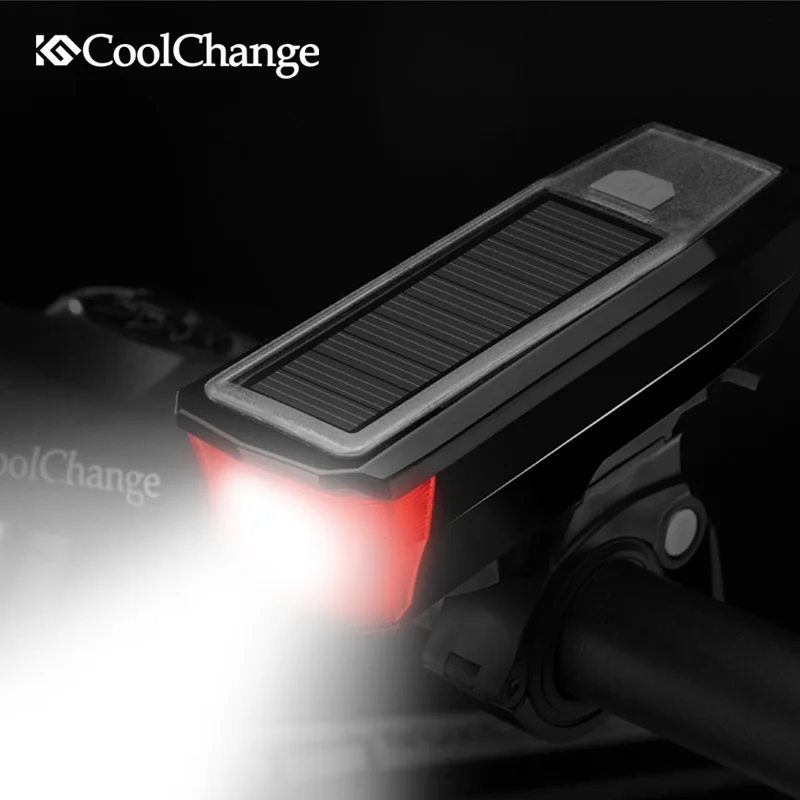 Sale CoolChange Solar Bike Light Waterproof USB Rechargable Torch Cycling Horn Light Headlight Night Riding Safety Bicycle Light Bell 4