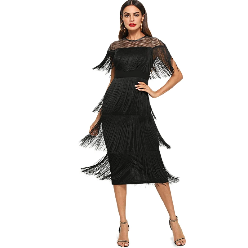 SHEIN Black Highstreet Party Going Out Elegant Sheer Yoke Layered Fringe Detail Dress Autumn Modern Lady Women Dresses