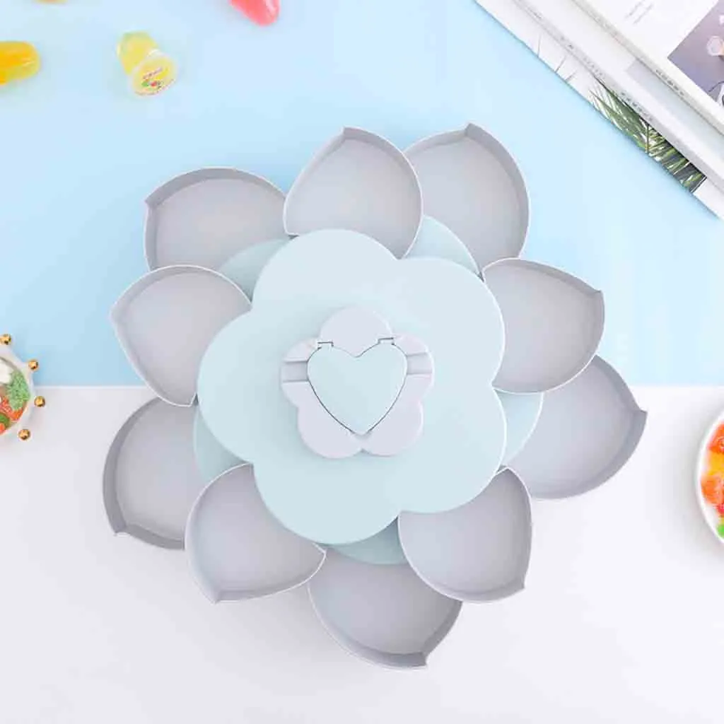 Petal-Shape Rotating Snack Box Candy Plates Double-deck Tray Food Storage Box Wedding Bloom Flower Design Jewelry Organizer