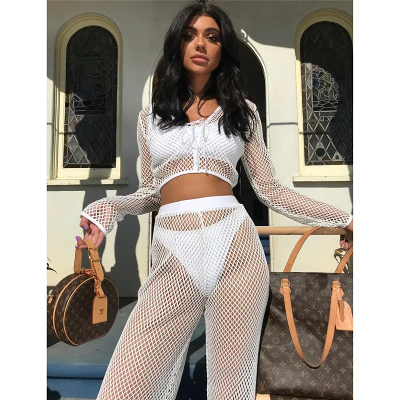 matching workout sets BKLD Sexy Mesh Set See Through Women Summer 2021 Party Wide Leg Pants And Lace Up V-neck Crop Tops White Two Piece Set Outfit co ord sets women