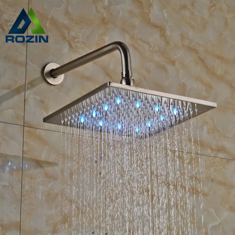 

Luxury Color Changing LED Light Bathroom Shower Head with Wall Mount 30cm Shower Arm Brushed Nickel Finished