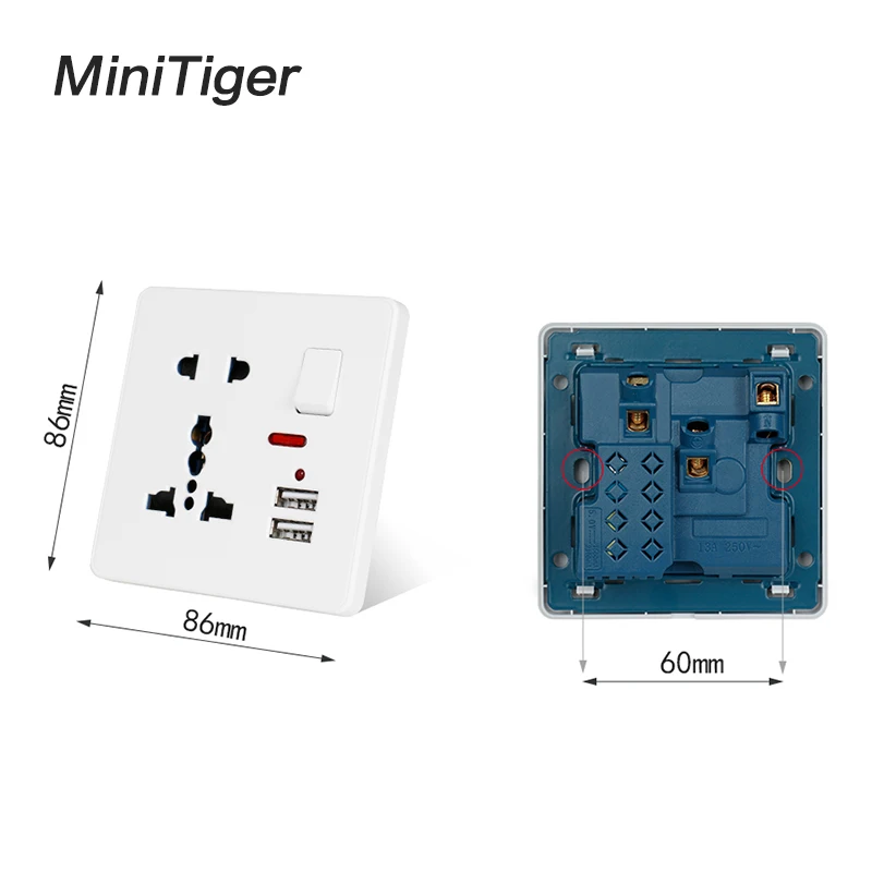 Minitiger настенная розетка 13A универсальная 5 отверстий переключаемая 2.1A двойной usb