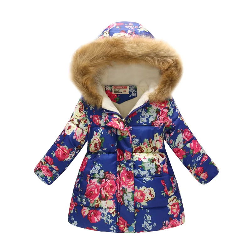 Новые теплые пуховики для девочек; хлопковая куртка; детская плотная верхняя одежда с принтом; одежда для детей; осенне-зимние пальто с капюшоном для маленьких девочек