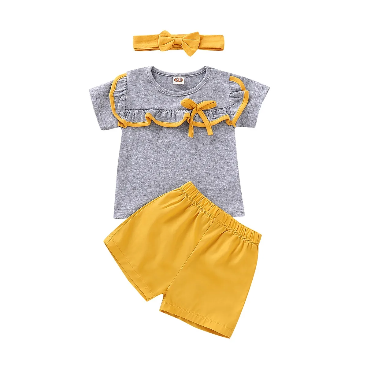 

Baby Sets For New Children's Brothers and Sisters Wear Doll Collar Ruffled Tops + Solid Color Shorts+ Hair Band Three-piece Suit