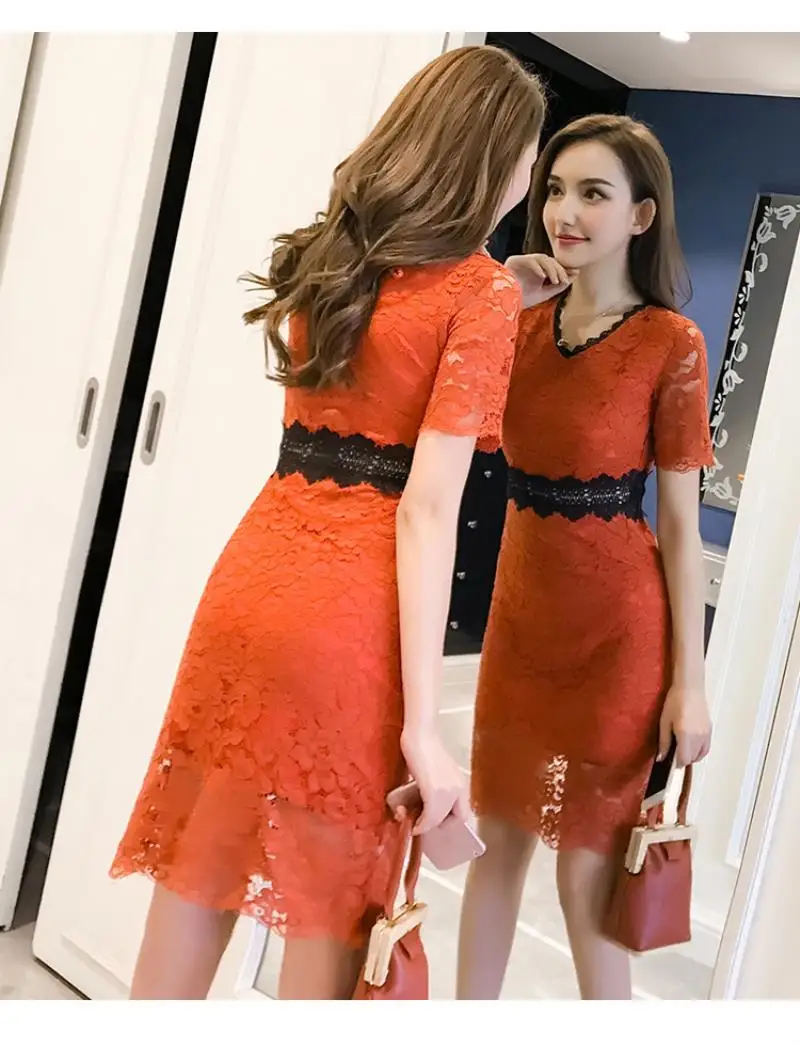 2018 New Red Blue Spring Summer Lace Women dress Short Sleeve Slim Collect Waist In Long Dresses S-XL