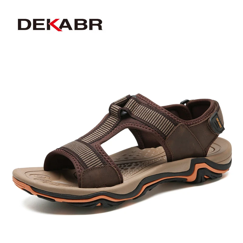DEKABR/Для мужчин сандалии из натуральной кожи+ тянущаяся ткань Новое поступление Летняя мужская пляжная обувь высокое качество дышащая повседневная обувь; сандалии Для мужчин