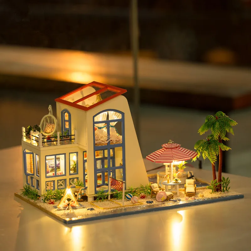 

Wooden Home Blue Sky Sea DIY 1/24 Scale With LED Furniture Beach Dollhouse Miniature Decoration Children Gift Girls Friends Toys