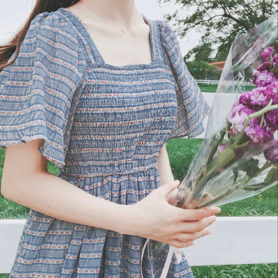 Корейское женское летнее синее элегантное милое длинное платье с квадратным воротником и рюшами на рукавах женское платье трапециевидной формы в полоску Vestido Femme Ete Jurk