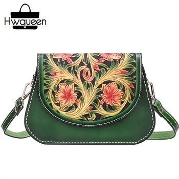 

Chinese Style Genuine Cow Leather Women Small Green Saddle Bag Hand Engraved Flower Lady Purse Female Single Cross Shoulder Bag