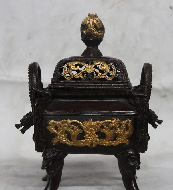

S0963 9 China Buddhism Palace Bronze Copper Flower Dragon Ding Incense Burner Censer D0318
