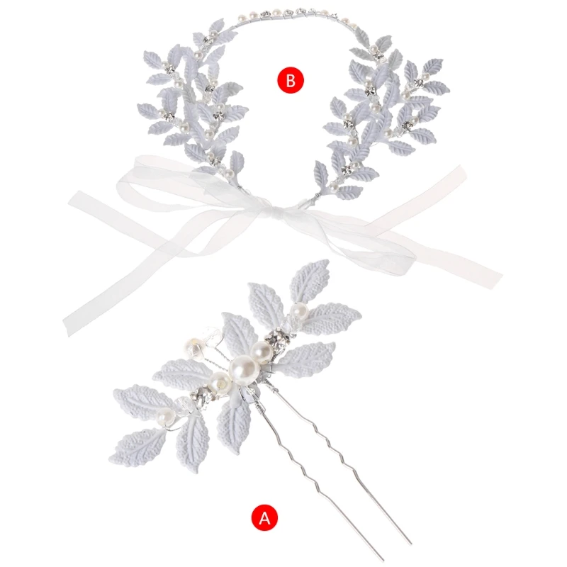 

Bride Headwear Hair Band Hairpins or Headband White Leaf Pearl Wedding Jewelry