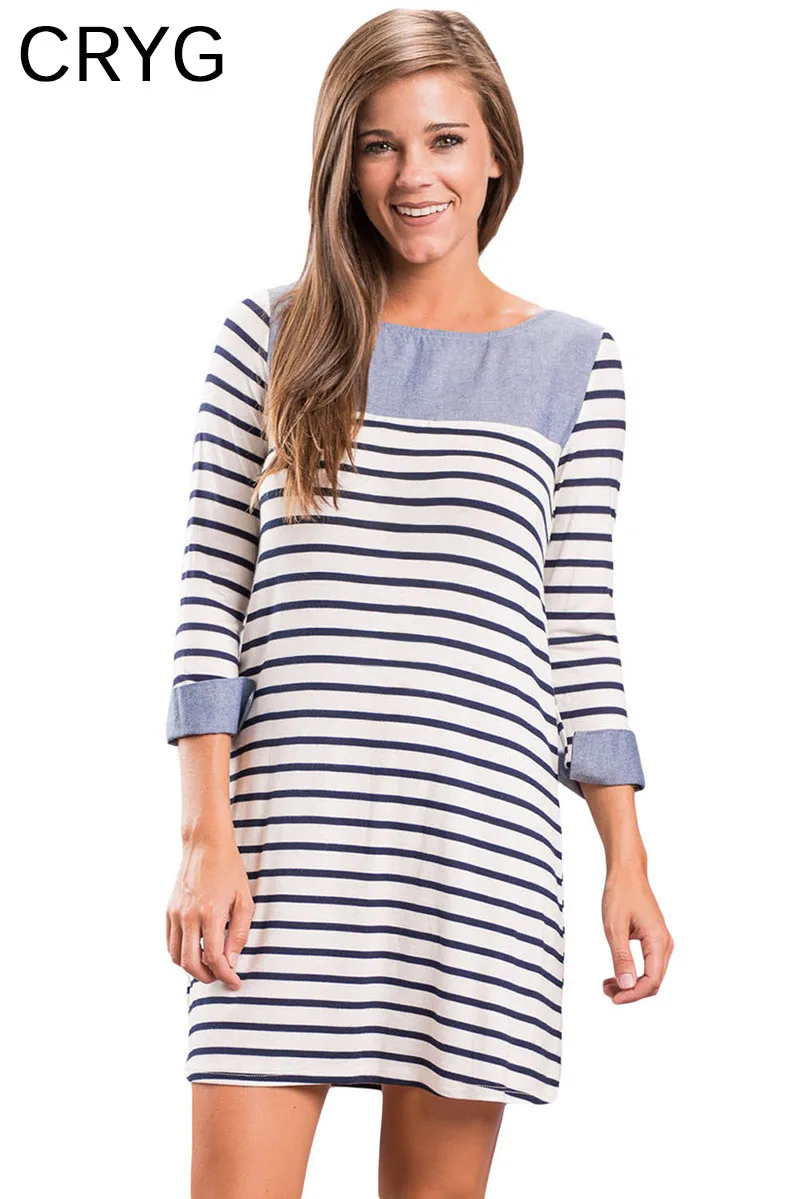 Autumn Women's Casual Gray Burgundy Navy Striped Deinm Blue Cuffs Mini