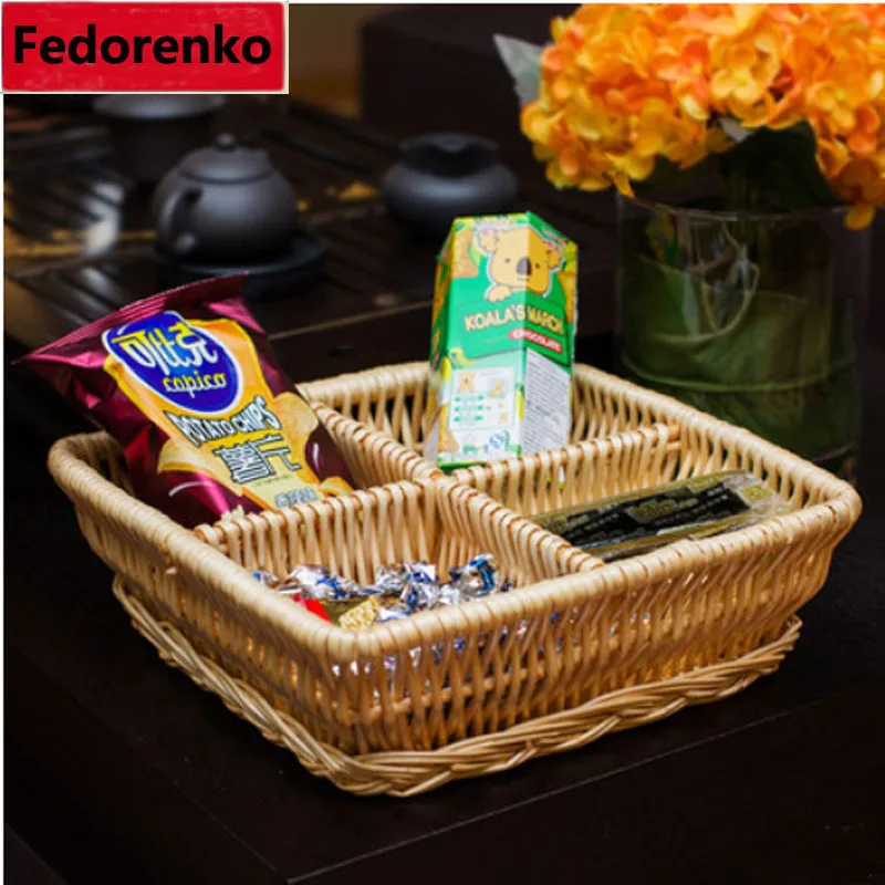 Creative wicker rattan fruit basket craft Plate Dish Snacks keys sundries Storage Tray 4 Lattices box Candy Nuts Trays Food Bowl | Дом и сад